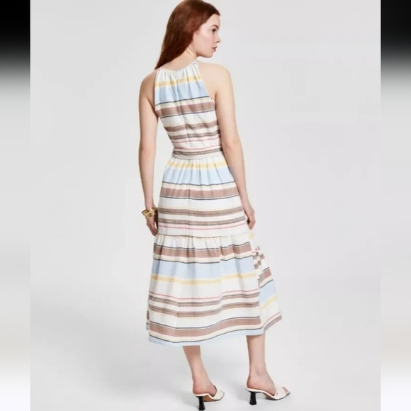 DKNY Cotton Halter Neckline Belt Sleeveless Midi Ivory Multicolor Dress Size 18W - Picture 11 of 12